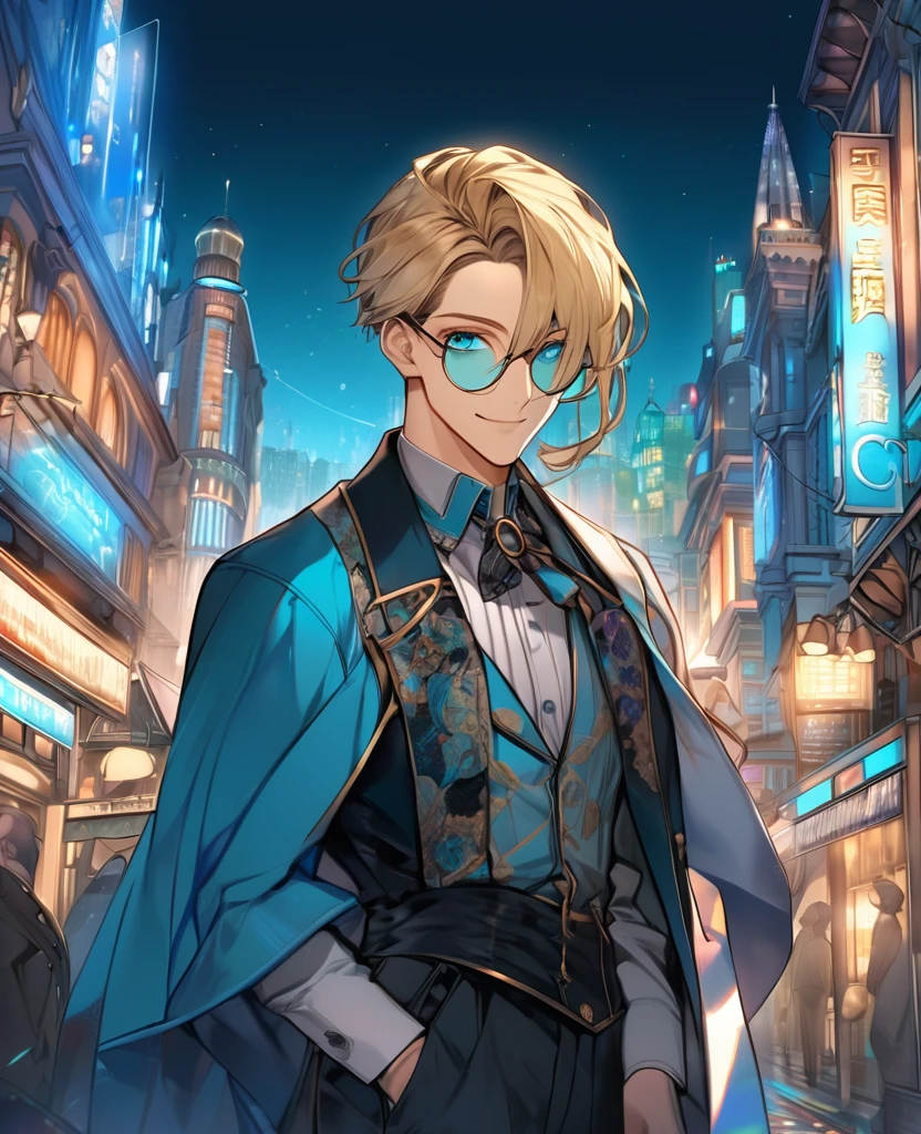 (Blonde_hair),(long_male_hair), (cyan_vibrant_eyes), (detailed_eyes), (warm_smile), (attractive), (background_colorful_night_city), (male), (detailed_Hair), (detailed), (wears_old_fashioned_outfit), (wears_monocle)