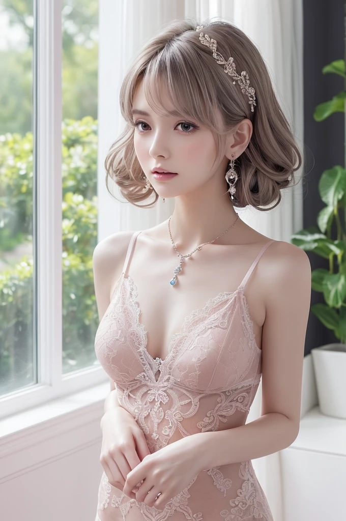 pink lace thong&Good, (((Very elegant and beautiful, Perfect detail, Super detailed))), whole body, The most detailed girl, Depth of written boundary, 美しく詳細なwhole body, Thin legs, 1 girl, 30 years old, Very short hair, Spiked Hair, Gray and silver hair, Beautiful detailed hair, Perfect Face, Expressionless, Beautifully detailed deep eyes, Open your mouth a little, Delicate arms and hands, Pale skin, Earrings, Beautiful and gorgeous necklace, Colorful background, HD background, Blurred Background, Very delicate and beautiful, Masterpiece, (((Highest quality, Very beautiful 8K CG wallpaper))), (((Trendy hairstyles))), (Inside the room,Stylish interior,window),