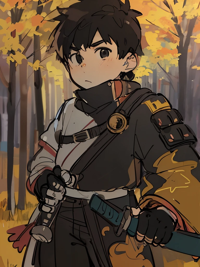 highest quality, sketch, (Monochrome), (Traditional Media), Pencil drawing high resolution, high definition, 4k, ((masterpiece)), ((8k wallpaper)), looking at viewer, very-detailed, brown hair, black eyes, white skin, black samurai clothing, katana, black gloves on hands, black pants, fall background, asian boy,