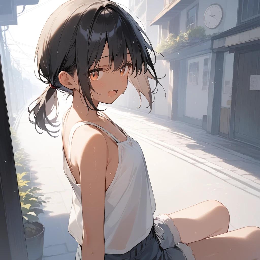 score_9, score_8_up, score_7_up, source_anime, best quality, masterpiece, official art, absurdres, highres, ultra-detailed,waifu2x,Collection: Slice of Life,break,1girl, tomboy, dark-skinned female, short hair, low ponytail, flat chest, beautiful detailed eyes, short shorts, sweat, open mouth, (yawn:0.3), sleepily, outdoors, wind, break,(clear line illustration:1.2),very high resolution, very aesthetic, super detailed skin, Best sexual lighting powered by famous artist, 8k,cute picture,beauty illustration,photoshop_(medium),,(Detailed Lighting),best anime 8k konachan wallpaper, pixiv contest winner,