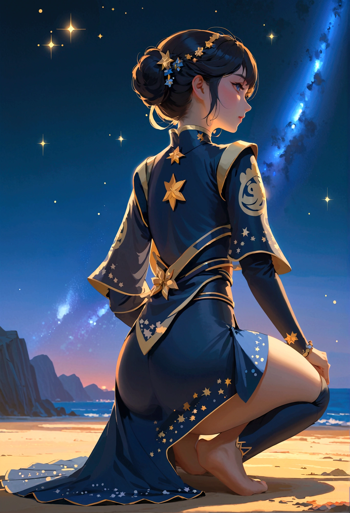 masterpiece, best quality, 1 Girl, Solitary, guizhong_Genshin Impact, default_skirt, From the back, Kneeling on the ground,Starry sky print, Sleeves that cover the wrists, barefoot