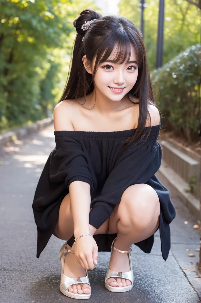 High resolution, Highest quality, Perfect dynamic composition, Beautiful attention to detail, Off the shoulder、Shiny Hair、Medium Hair, Natural color lip, university student、Harajuku、smile、Crouching、M-shaped foot