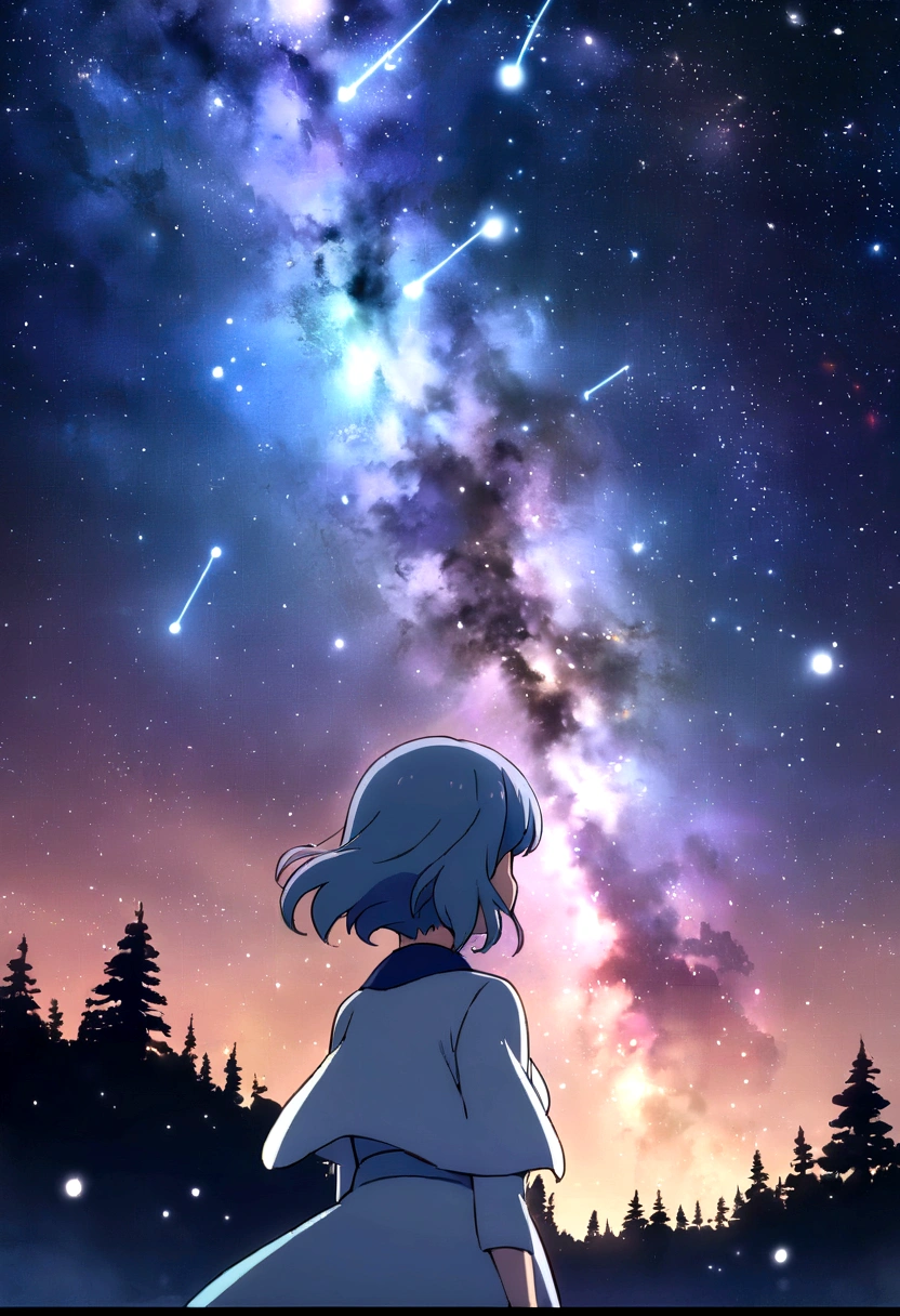 Huge magical starry sky, (Girl in the background), Anime Style, masterpiece, nebula, constellation, Twinkling Star