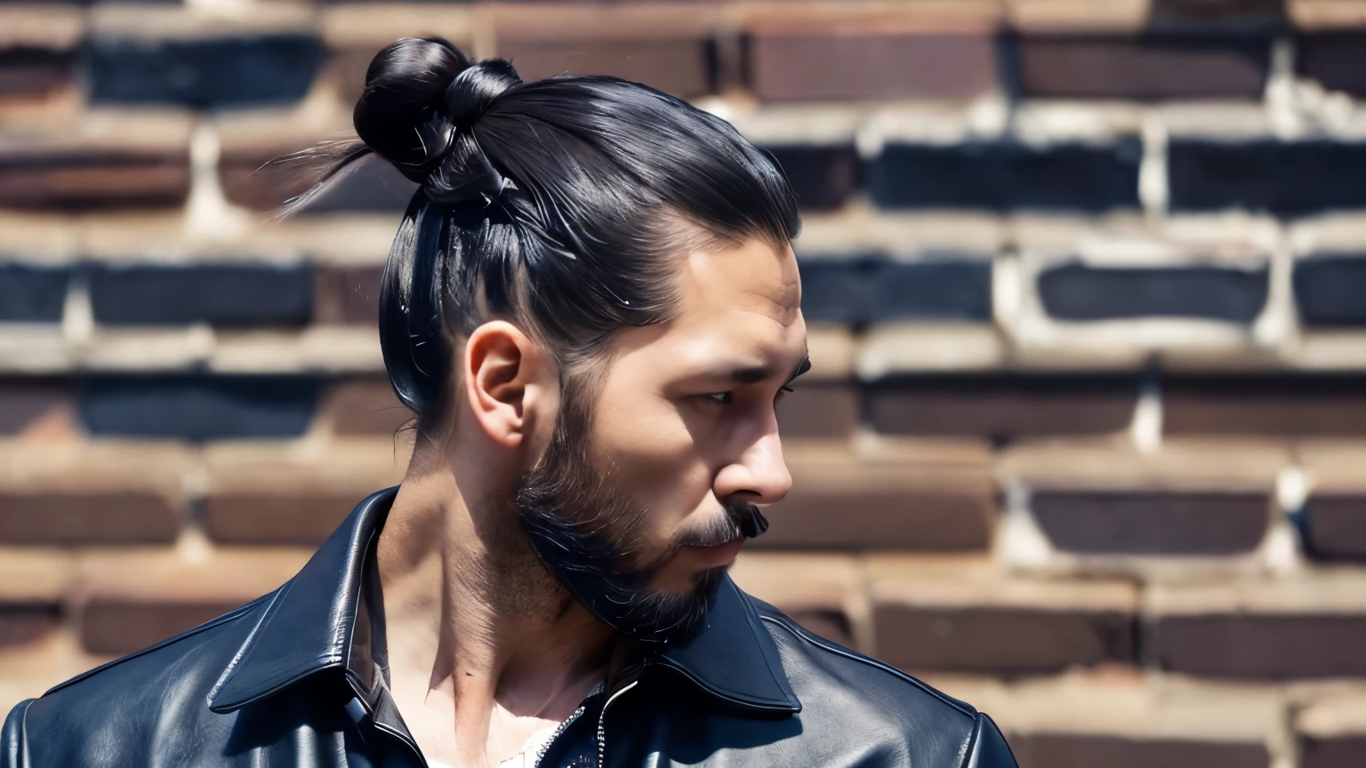((Wearing a dark navy leather shirt)) ((Startup CEO)) ((male)) ((37 years old)) ((The hairstyle is a two-block man bun.)) ((The background is an outdoor brick building)) ((Like the profile picture)) ((Cool image))
