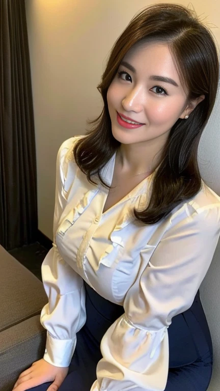 最high quality, 8K, Vibrant, Sharp focus, high quality, High resolution, Middle-aged women, Mature Woman, 49 years old, (Esbian all over), (Facial details in high heels, Highly detailed eyes, Thick lips, Plump figure、Plump face、((Big Tits 1.6))、((On a white blouse))、Navy blue tight skirt、View from a love hotel room、Random hairstyle、A kind smile、