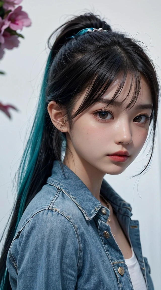 (masterpiece), (Highest quality), (Super detailed),(Disheveled Hair),(figure), (One girl), (Fashionable clothes), Are standing, Fashion Model, View your viewers, (interview), (Simple Background),Beautiful attention to detail, Delicate and beautiful face, floating,(High chroma),(Colorful splashes),Colorful Bubbles,(The Shining), Focus on the face, ponytail, kamisato ayaka, Light blue hair, bangs, Hair Ring, Floating Flowers, Floating hair, (The Shining), Best lighting, Best Shadow,