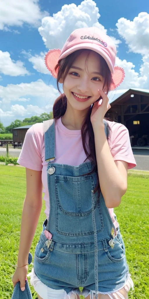masterpiece,best quality, 1girl,solo,haru urara,overalls,overall shorts,flower-shaped pupils,,pink shirt,holding ice cream,(horse tail:0.6),smile,open mouth,cloudy,