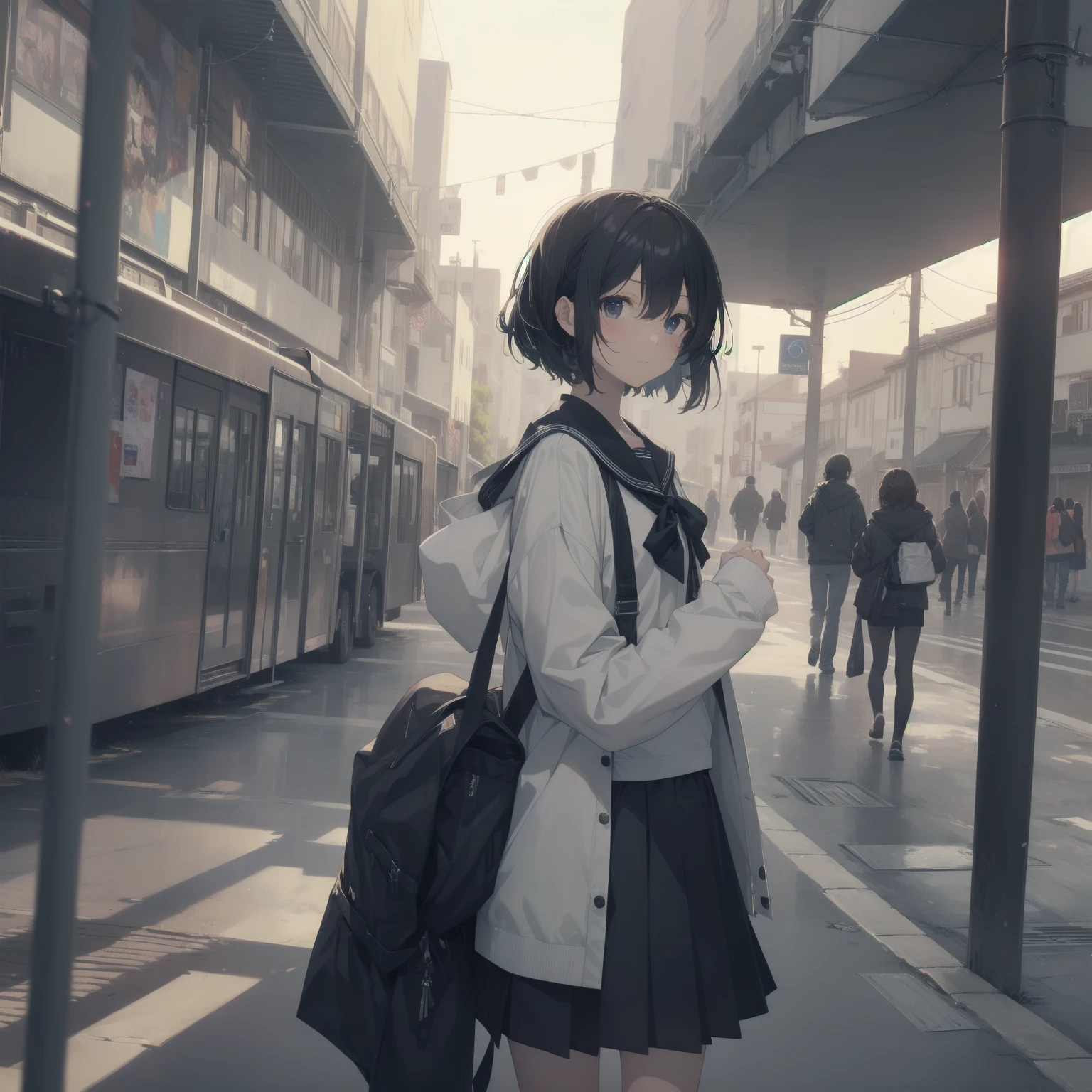 ultra-absurdres-Top quality by artist God, ultra-detailed, high resolution, anime moe artstyle, best anime 8k konachan wallpaper, pixiv contest winner, pool:2810, perfect anatomy,break, 1girl, (Please draw a girl walking sleepily to school alone. )break,(Solo,little female, 13-year-old:1.3),Full limbs, complete fingers,a junior high school student, (very short hair), short cut, flat chest, , small butt, small black eyes, beautiful detailed eyes, well-proportioned iris and pupils, expressive eyes, highres detailed hair, soft expression, salor school_uniform, sailor collar, serahuku, bow, pleated skirt,(Detailed Lighting), (Detailed background), in the School commute route. break,super detailed skin, Best cinematic lighting powered by famous artist, 8k,beauty illustration,photoshop_(medium),very aesthetic,break,((artist:saiguchi_otoufu )), artist:clamp ,artist:carnelian ,artist:kantoku ,
