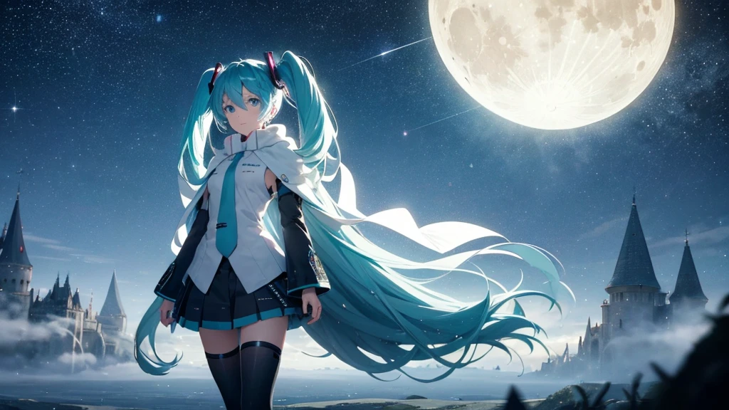 Set against the backdrop of an adventurous fantasy world、This is an image of Hatsune Miku.。She wears a mysterious cloak。The surroundings are shrouded in fog、In the distance you can see the silhouette of an ancient castle。The sky is a starry night、The moon casts a magical light over the forest.。