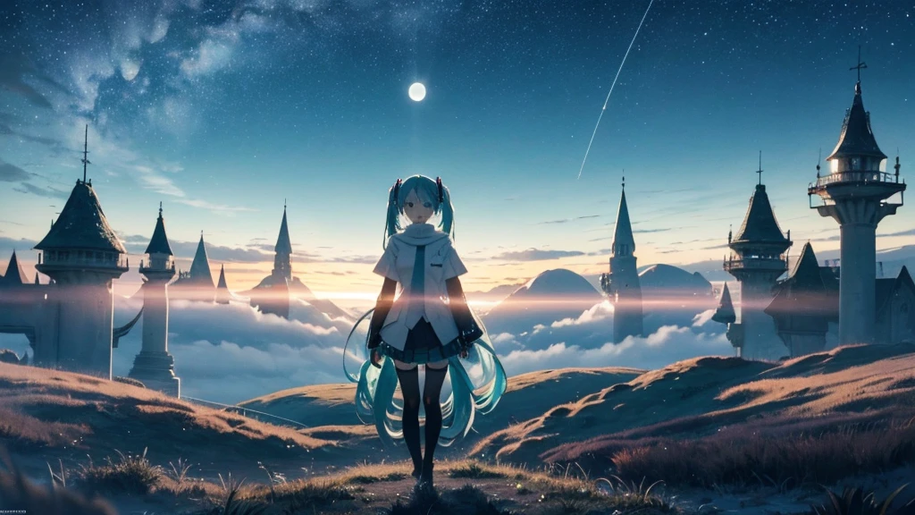 Set against the backdrop of an adventurous fantasy world、This is an image of Hatsune Miku.。She wears a mysterious cloak。The surroundings are shrouded in fog、In the distance you can see the silhouette of an ancient castle。The sky is a starry night、The moon casts a magical light over the forest.。