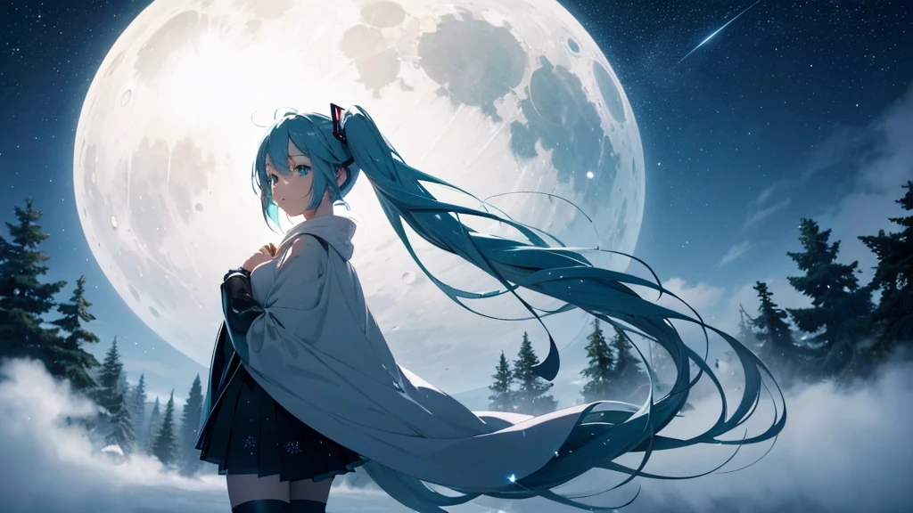 Set against the backdrop of an adventurous fantasy world、This is an image of Hatsune Miku.。She wears a mysterious cloak。The surroundings are shrouded in fog、In the distance you can see the silhouette of an ancient castle。The sky is a starry night、The moon casts a magical light over the forest.。