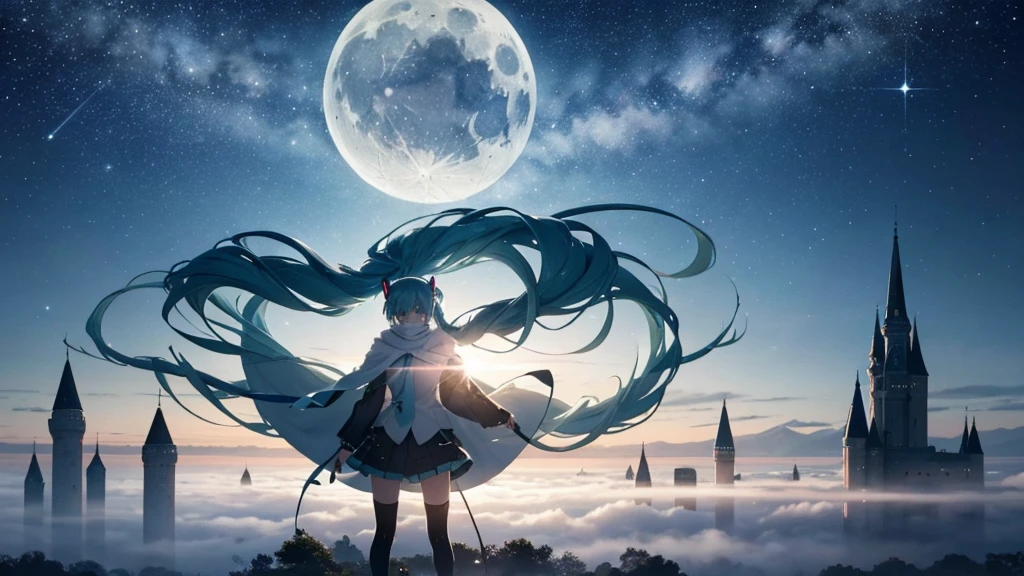 Set against the backdrop of an adventurous fantasy world、This is an image of Hatsune Miku.。She wears a mysterious cloak。The surroundings are shrouded in fog、In the distance you can see the silhouette of an ancient castle。The sky is a starry night、The moon casts a magical light over the forest.。