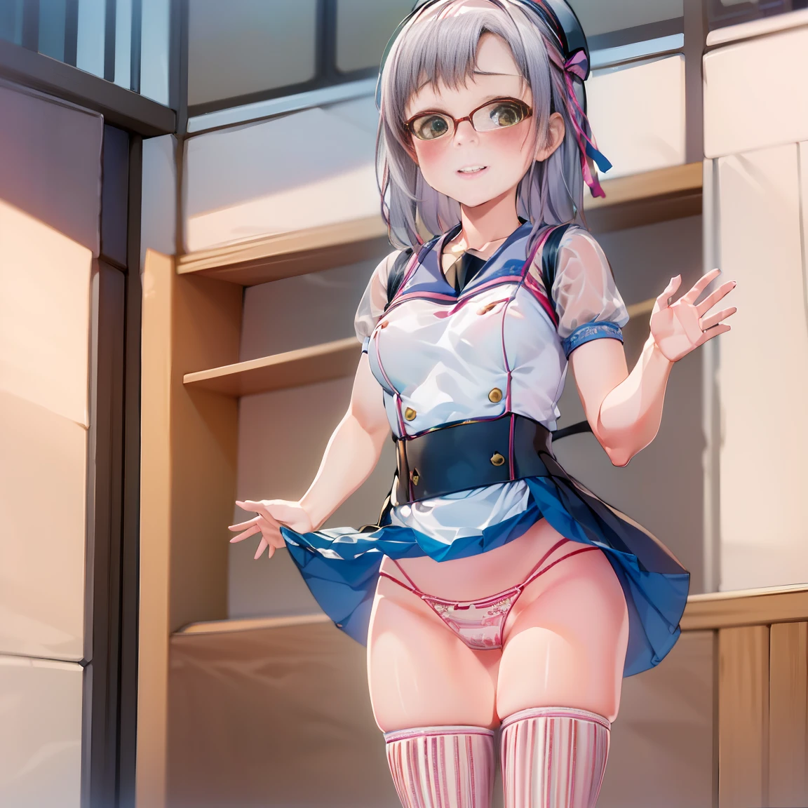 8K、masterpiece、Japanese、Woman wearing glasses、Neon(nod)、from the front、smile、Childish、Small breasts、See-through underwear、night、Bedroom、Show your underwear、mini skirt