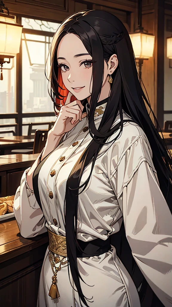 Asian face, adult woman, middle age, long hair, elegant long sleeve dress, looking towards the camera, smiling