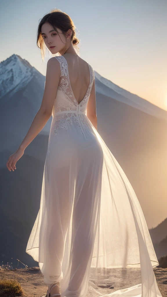 ((Best quality,High Detail,masterpiece:1.5)),1 20-year-old girl, White dress dress,(Backlight, see through silhouette:1.3), Clear facial features,standing solo, Dance poses,Delicate face, White-skinned female,summer mountains,Sunset,full-body shot