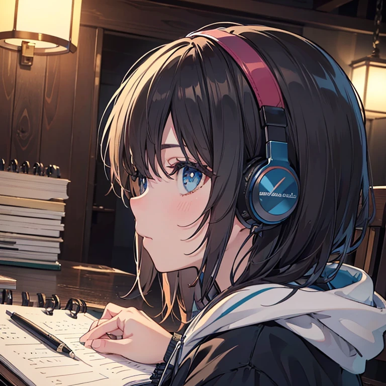night、((机に向かってBarely)),(Headphones),((Barely)),(Serious profile),((Writing in a notebook)),indoor, Super detailed, (((Very detailed eyes and face))), profile, masterpiece, Highest quality, Realistic portraits, hoodie, Very detailed, Dynamic Angle, The most beautiful form of chaos, elegant, Asian Taste