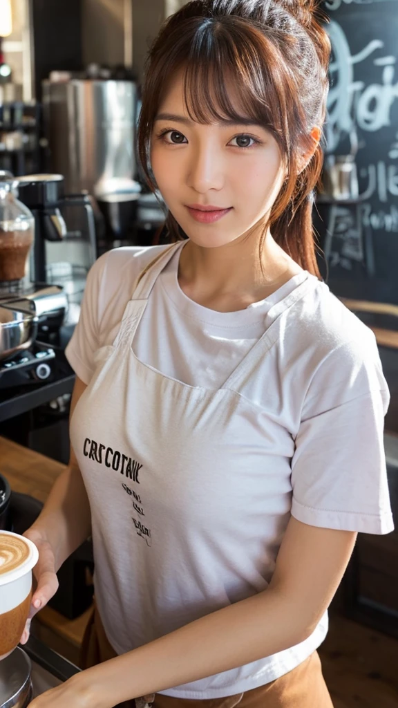 extreme close-up of beautiful korean female, 34 inch breasts size, wearing t-shirt, apron,  making coffee, at coffee truck, UHD