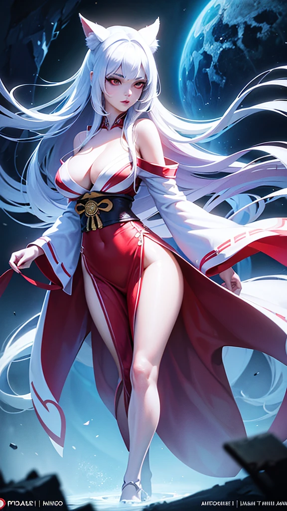 A beautiful girl with cat ears, long white hair, and a furry cat tail, red eyes, wearing white kimono with red details, slender figure with large breasts, (best quality,4k,8k,highres,masterpiece:1.2),ultra-detailed,(realistic,photorealistic,photo-realistic:1.37),detailed eyes,detailed lips,extremely detailed face,long eyelashes,fantasy,magical,digital painting,concept art,vibrant colors,dramatic lighting,highly detailed, full body image