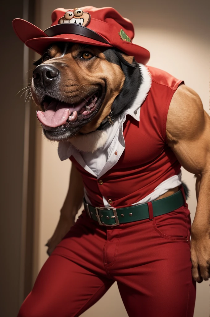 A muttley with an angry muscular hat dressed in a shirt and red pants ready to fight