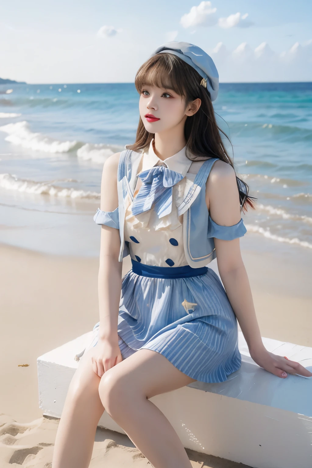 idol clothes,dress,collared dress,jacket,cropped jacket,short sleeves,bowtie,bow,buttons,hat,beret ((knee shot)), ((Large Breasts)), ((E cup)), ((I-type Valley)), ((Bare shoulder)), ((Nice long legs)), Visible cleavage,Highly detailed face and skin texture, Double eyelids,Skin Whitening,Long hair,Whitening long legs,Standing by the sea, Fashion Girl, Red lips, Sweet Girl, Beautiful makeup, detail, lifelike, Very detailed, Astonishing, beautiful, Young and energetic, high quality,HD, Colorful, Beautifully, Smooth skin, Official Art, Extremely detailed, Movie atmosphere, Soft colors, Natural skin texture, Random scene, random shooting Angle