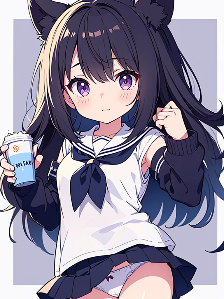 primary school girl, 8 years, A cup of breasts, black fur, wide, purple eyes (One Person) Smooth white upper body., short sleevesTshirt, navy blue mini skirt, white panties((I can see her panties)) white socks girl'room session ((I can see her panties)) Dynamic angle Low angle