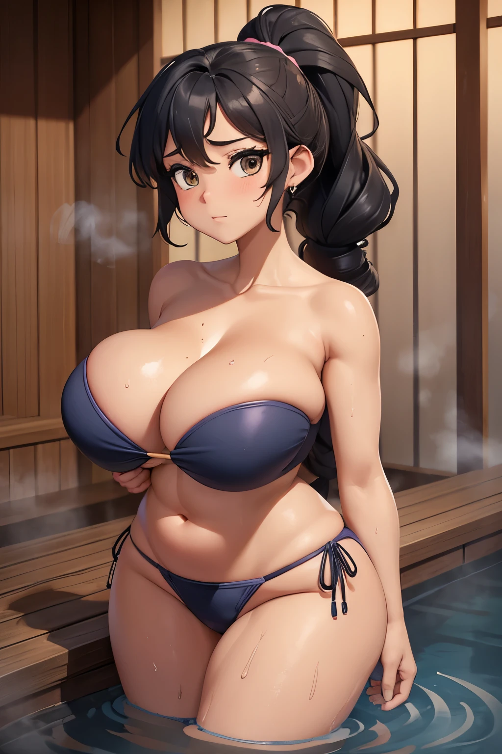 Cool beauty，Looks sweet, curly ponytail hairstyle, (only wearing strapless bikini, show cleavage, show shoulders), show big thigh, plump body, huge breast, (body full of sweats), full body photo, soaking in the water. The room full of steam, In the onsen.