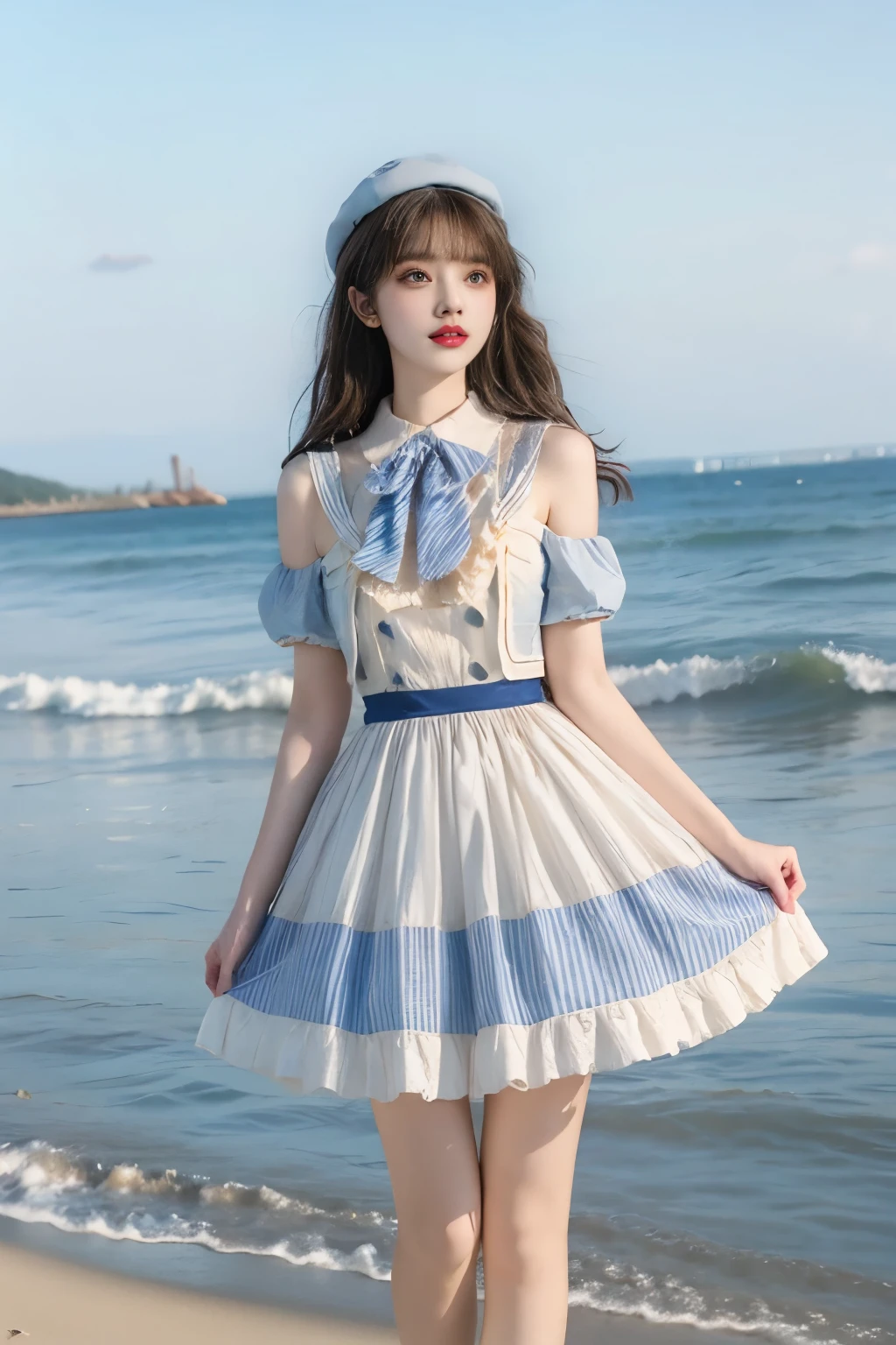 idol clothes,dress,collared dress,jacket,cropped jacket,short sleeves,bowtie,bow,buttons,hat,beret ((knee shot)), ((Large Breasts)), ((E cup)), ((I-type Valley)), ((Bare shoulder)), ((Nice long legs)), Visible cleavage，Highly detailed face and skin texture， Double eyelids，Skin Whitening，Long hair，Whitening long legs，Standing by the sea, Fashion Girl, Red lips, Sweet Girl, Beautiful makeup, detail, lifelike, Very detailed, Astonishing, beautiful, Young and energetic, high quality，HD, Colorful， Beautifully, Smooth skin, Official Art, Extremely detailed, Movie atmosphere, Soft colors, Natural skin texture, Random scene, random shooting Angle