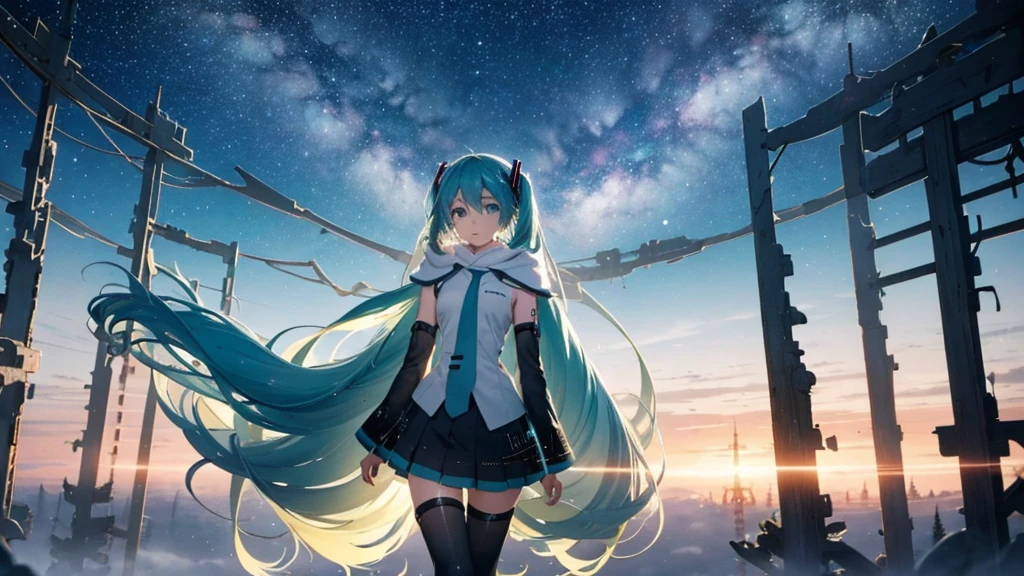 Set against the backdrop of an adventurous fantasy world、This is an image of Hatsune Miku.。She wears a mysterious cloak。The surroundings are shrouded in fog、In the distance you can see the silhouette of an ancient castle。The sky is a starry night、The moon casts a magical light over the forest.。