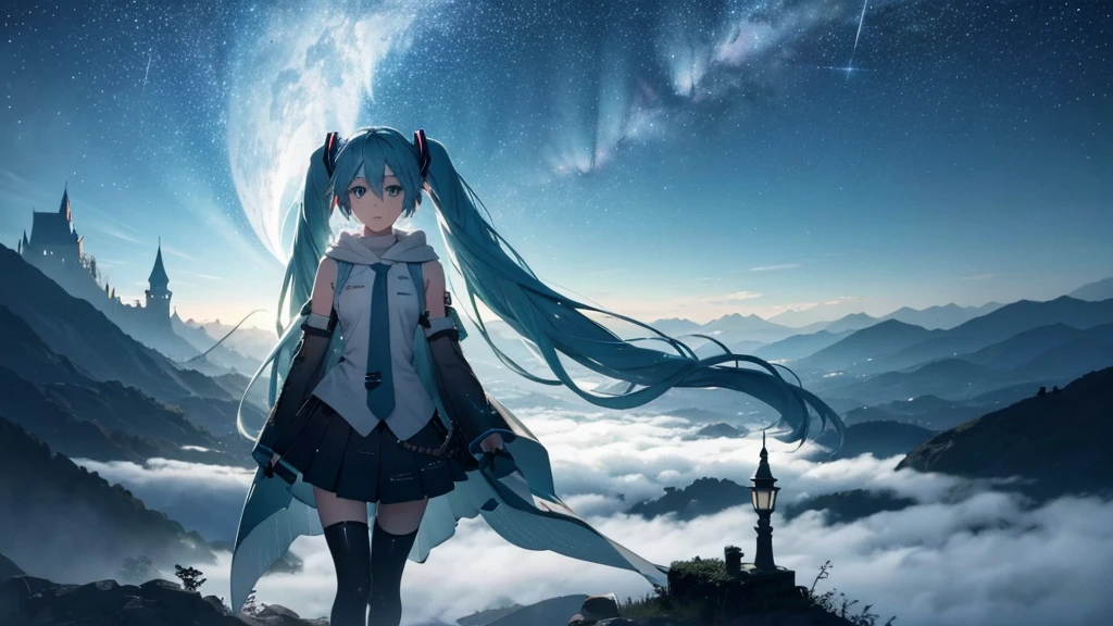 Set against the backdrop of an adventurous fantasy world、This is an image of Hatsune Miku.。She wears a mysterious cloak。The surroundings are shrouded in fog、In the distance you can see the silhouette of an ancient castle。The sky is a starry night、The moon casts a magical light over the forest.。