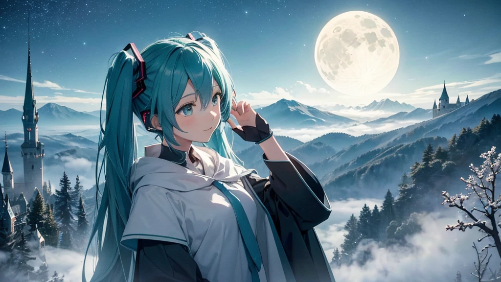 Set against the backdrop of an adventurous fantasy world、This is an image of Hatsune Miku.。She wears a mysterious cloak。The surroundings are shrouded in fog、In the distance you can see the silhouette of an ancient castle。The sky is a starry night、The moon casts a magical light over the forest.。
