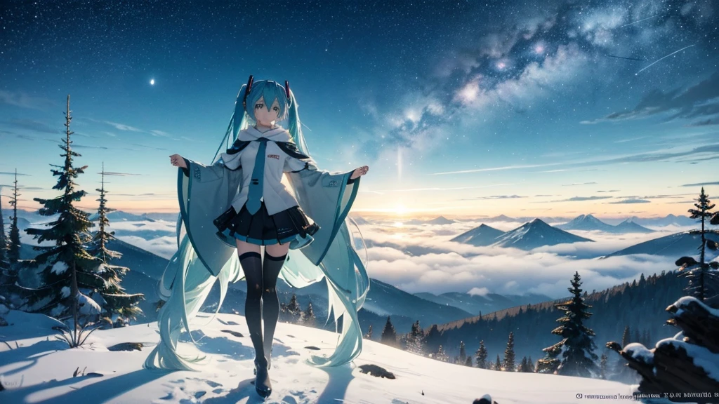 Set against the backdrop of an adventurous fantasy world、This is an image of Hatsune Miku.。She wears a mysterious cloak。The surroundings are shrouded in fog、In the distance you can see the silhouette of an ancient castle。The sky is a starry night、The moon casts a magical light over the forest.。