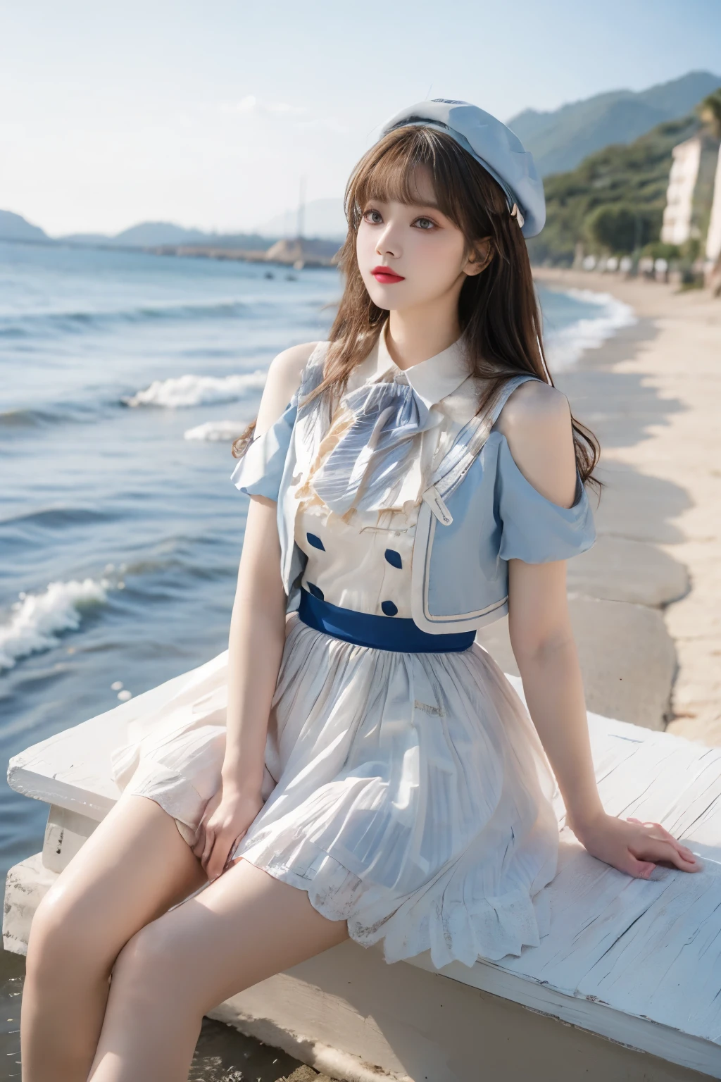 idol clothes,dress,collared dress,jacket,cropped jacket,short sleeves,bowtie,bow,buttons,hat,beret ((knee shot)), ((Large Breasts)), ((E cup)), ((I-type Valley)), ((Bare shoulder)), ((Nice long legs)), Visible cleavage，Highly detailed face and skin texture， Double eyelids，Skin Whitening，Long hair，Whitening long legs，Standing by the sea, Fashion Girl, Red lips, Sweet Girl, Beautiful makeup, detail, lifelike, Very detailed, Astonishing, beautiful, Young and energetic, high quality，HD, Colorful， Beautifully, Smooth skin, Official Art, Extremely detailed, Movie atmosphere, Soft colors, Natural skin texture, Random scene, random shooting Angle