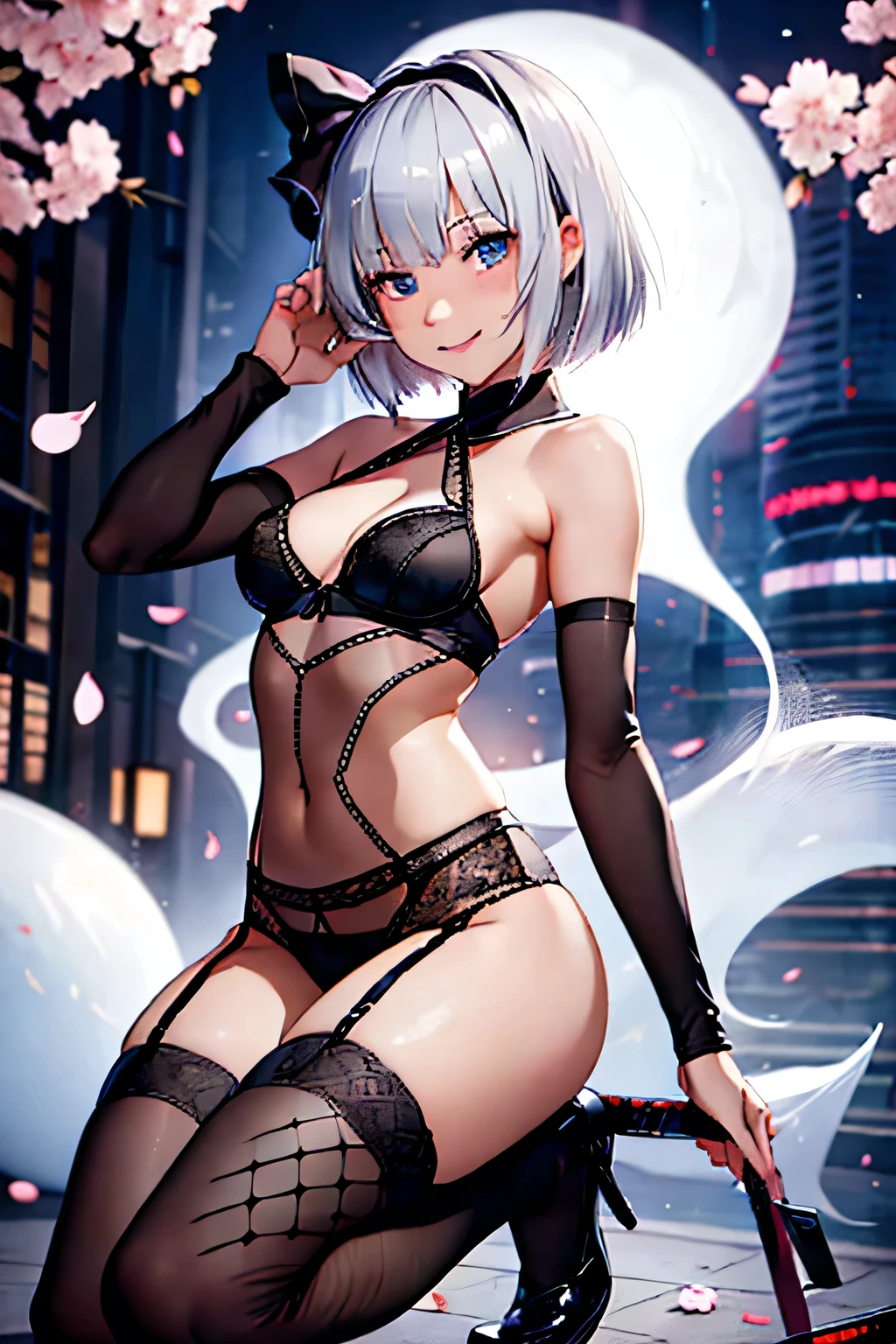high quality,One girl,Silver Hair,short hair,tall,cute,cute,smile,White skin,Black ribbon hair band,Big eyes,smile,Embarrassing,smile,2 Japanese swords,Big shuriken,Scattered cherry blossom petals,konpaku youmu (ghost),Fishnet tights,Fishnet tights,Full body Fishnet tights,Leg spread,squat,open legs,garter belt,lingerie,negligee,cyber punk,future,City,sf,Sexy pose,Bold Pose,A dynamic pose,squat,bend