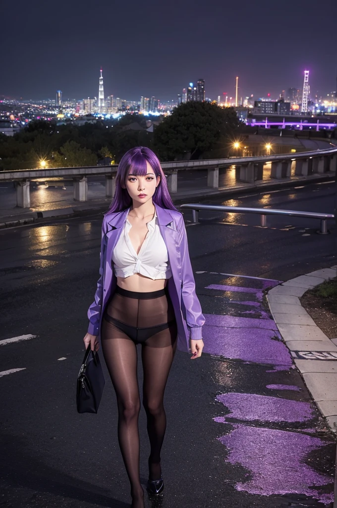 (One girl), masterpiece, photoRealistic, 8K, (Realistic: 1.2), whole body, View your viewers, pantyhose, Purple Hair, (Kafka: 1.2), walking, beauty, (Medium chest: 1.2) night, night sky, city, cityscape, rain, (dramatic: 1.2)