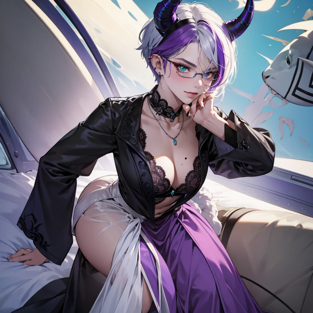 8k, masterpiece, best quality, highly detailed, 1 girl, tiefling, warlock, multicolored hair, very short straight hair green highlight hair on white hair, strippled hair, wearing glasses, round glasses, earrings, long dress with side cut, lace dress, red eyeshadow, long eyelashes,navel piercing, blushed cheek, necklace, collarbone, high heels, mole, glamorous, purple and teal clothing, villainy, smirk, seductive face, close up view, rings, looking at viewer, standing, demon horns, solo, hand touching cheek, school, black lace gloves, holding book, sensei, miniskirt.