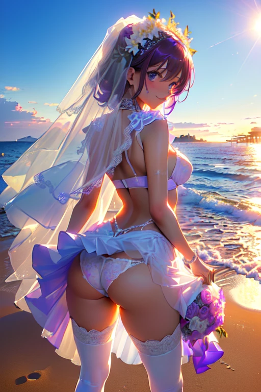 ((tanned adult woman), ((short purple hair, blue colored eyes,)), slender, beautiful smile, (( with a wedding veil, perfect bouquet, sutiã sem alça branco com rendas e  White-panties tight na bunda e na buceta umida )) , red lipgloss stick, ((standing backwards, looking at the camera, showing the ass )) ((White-panties, tight, highlighting the ass and pussy)), on a sunny beach, Masterpiece artwork, high qualiy, background lighting )) 