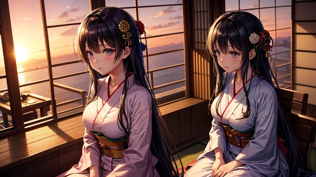anime、Cinematic、A beautiful girl with long hair and large breasts is wearing a yukata.、Looking out the window at the sunset。Japan tatami room、Calm and peaceful atmosphere、Gazing into the distance、High quality images、Super detailed、I can see the scenery outside the window、High quality、erotic