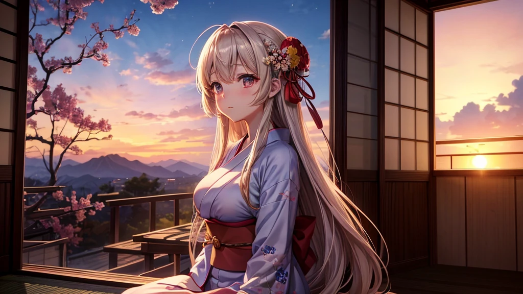 anime、Cinematic、A beautiful girl with long hair and large breasts is wearing a yukata.、Looking out the window at the sunset。Japan tatami room、Sitting upright、Calm and peaceful atmosphere、Gazing into the distance、High quality images、Super detailed、I can see the scenery outside the window、High quality、Erotic、G-cup bust