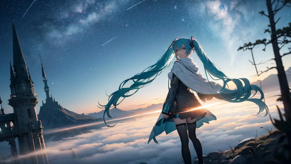 Set against the backdrop of an adventurous fantasy world、This is an image of Hatsune Miku.。She wears a mysterious cloak。The surroundings are shrouded in fog、In the distance you can see the silhouette of an ancient castle。The sky is a starry night、The moon casts a magical light over the forest.。