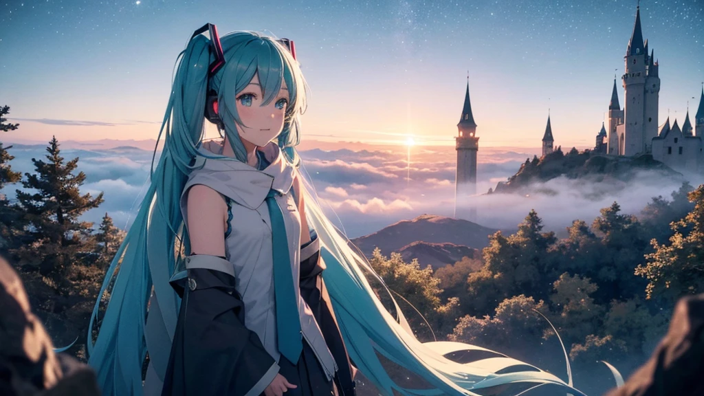 Set against the backdrop of an adventurous fantasy world、This is an image of Hatsune Miku.。She wears a mysterious cloak。The surroundings are shrouded in fog、In the distance you can see the silhouette of an ancient castle。The sky is a starry night、The moon casts a magical light over the forest.。