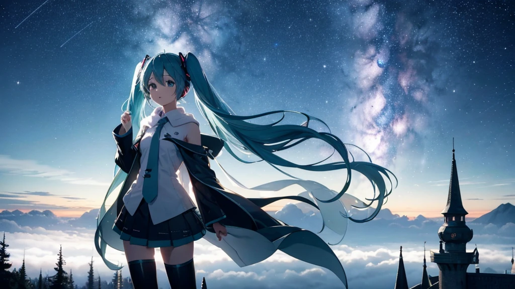 Set against the backdrop of an adventurous fantasy world、This is an image of Hatsune Miku.。She wears a mysterious cloak。The surroundings are shrouded in fog、In the distance you can see the silhouette of an ancient castle。The sky is a starry night、The moon casts a magical light over the forest.。