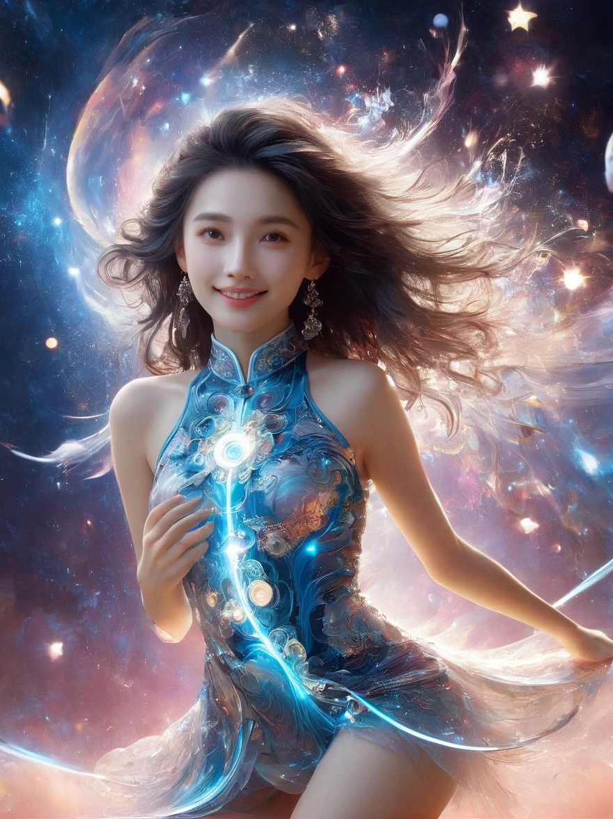 1xknh1, (full-body shot:1.4), Space Art, 1 Cheongsam woman，whole body，Standing，Transparent robotic arm，slim body，Perfect proportions，Exquisite hair accessories，Smile，Transparent mechanical shoes，Oriental elements，(bokeh)，high quality，4K，3d