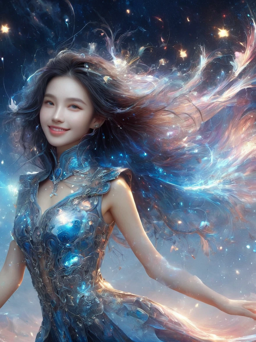 1xknh1, (full-body shot:1.4), Space Art, 1 Cheongsam woman,whole body,Standing,Transparent robotic arm,slim body,Perfect proportions,Exquisite hair accessories,Smile,Transparent mechanical shoes,Oriental elements,(bokeh),high quality,4K,3d