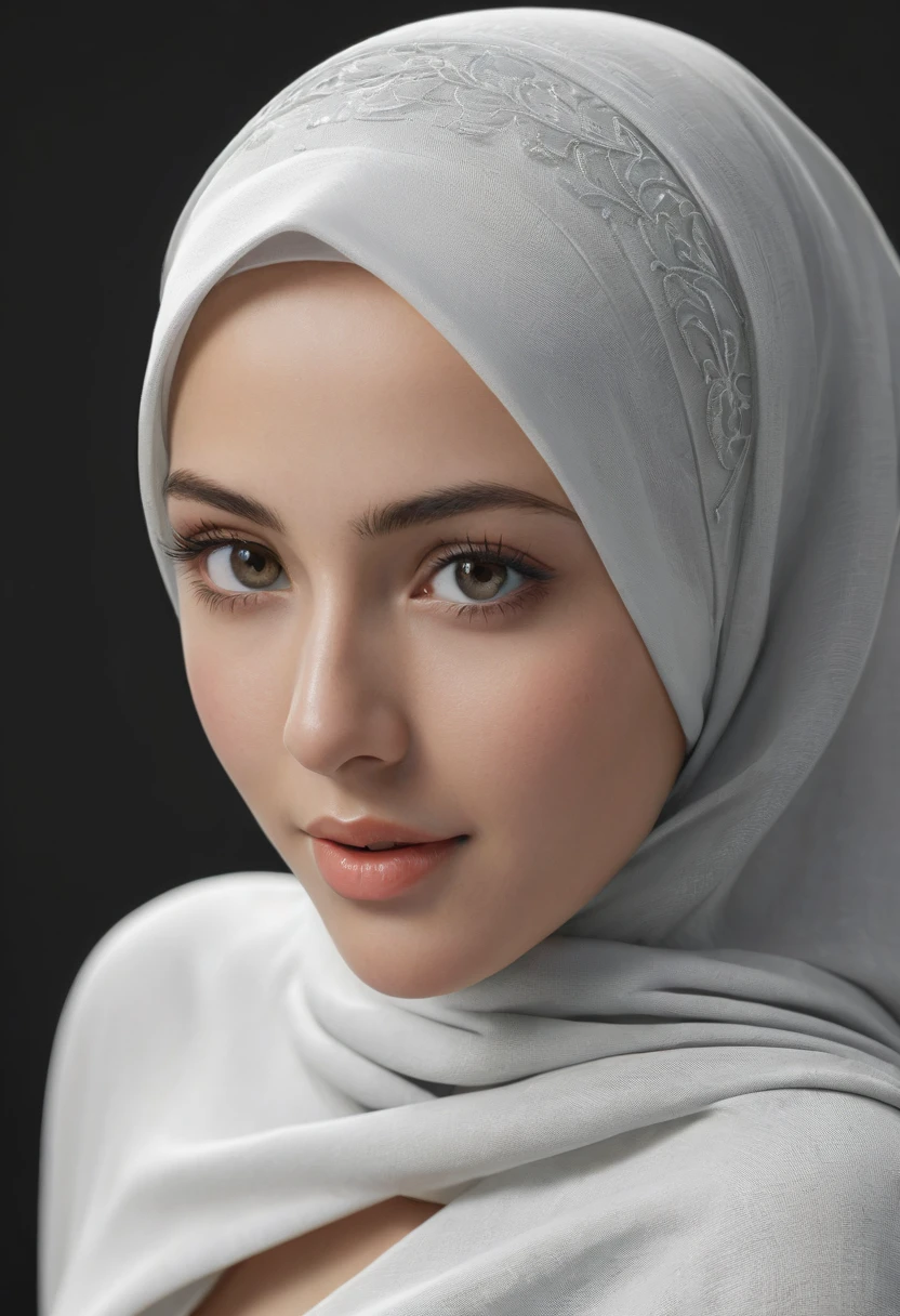 8K, Hyperresolution, extremely detail, A very detailed, Full body 3D rendering of a realistic woman with hijab and real face. She is naked and stands confidently and shows her sexy body, black backdrop, draws attention to its cheerful and elegant appearance. Your skin is smooth, naturally radiant and healthy, and her eyes are bright and expressive. The overall style is a mix of realism and a touch of cartoon elements, gives it a lively look. Use soft photo light.