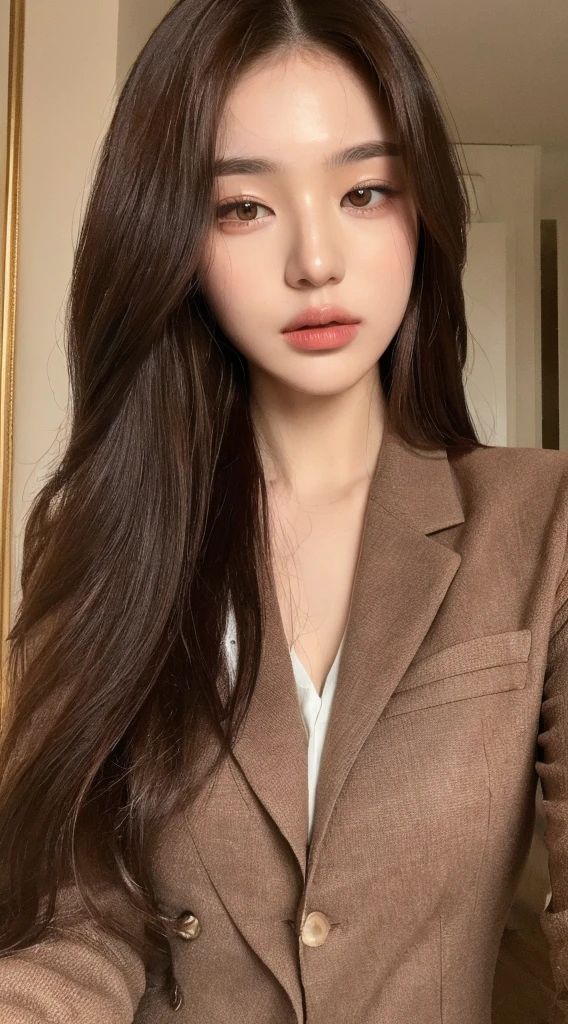 ((top quality, 8k, masterpiece: 1.3)), beautiful woman, 1 woman, slender figure: 1.1, dark brown hair, brown suit, super detailed face, detailed lips, detailed eyes, double eyelids, back figure,