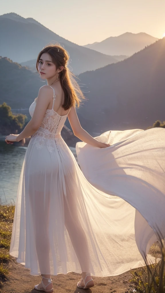 ((Best quality,High Detail,masterpiece:1.5)),1 20-year-old girl, White dress dress,(Backlight, see through silhouette:1.3), Clear facial features,standing solo, Dance poses,Delicate face, White-skinned female,summer mountains,Sunset,full-body shot
