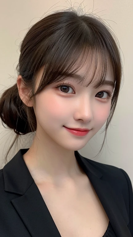 Highest quality, shape, Very detailed, finely, High resolution, 8k wallpaper, 完璧なダイナミックな構shape, Beautiful and detailed, Medium Hair, Small breasts, Natural color lip,Body facing the camera,A firm expression that expresses your individuality,smile,20-year-old girl、Beautiful and elaborate face、Perfect and beautiful face,Big eyes、RAW Photos、Beautiful and detailed、Small face、Beautiful Duplex、Slim face and figure,Black jacket suit、Beautiful golden ratio face,ponytail