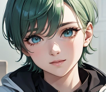 intellectual,smile,very short hair,Emerald hair,short hair,green hair,laughter,30 years,drooling eyes,upper body up, alone,know,Flow of hair that extends to the face,bangs between eyeliner hair,High resolution, Bright and clear, Big light blue eyes shine charmingly,green one piece,white jacket,eyeliner,Shining white skin,(Ultra Real), (figure), (High resolution), (In 8K), (very detailed), (Best figure), (Beautiful quality with attention to detail), (super detailed), (wallpaper), (detailed face),in business, ultra realistic 3d illustration, ultra realistic picture, hyper - realistic render, hyper-realistic render, realistic render ,(Ultra Real), (figure), (High resolution), (In 8K), (very detailed), (Best figure), (Beautiful quality with attention to detail), (super detailed), (wallpaper), (detailed face)
