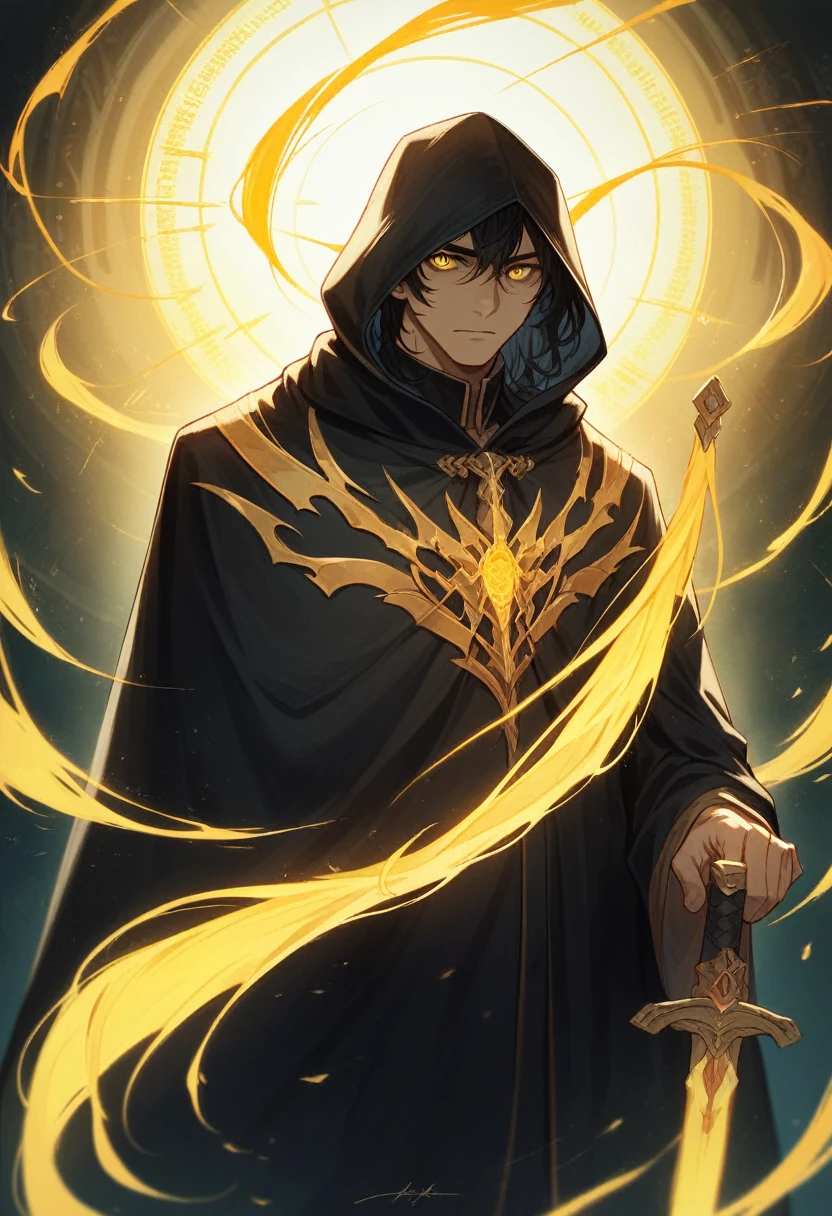 a boy with long wavy black hair, golden eyes, wearing a black hooded cloak, surrounded by golden energy, holding a sword, 4k, anime, intricate details, dramatic lighting, cinematic composition, vibrant colors, fantasy, atmospheric, epic