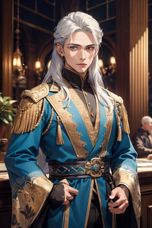 ((Highest quality)), ((masterpiece)), (detailed), Blue clothes and national costumes,A man with long silvery hair,Young handsome man